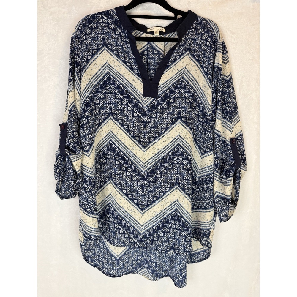 Faith and Joy XL Boho Tunic Blouse Blue Cream Geometric Roll Tab Top Tribal